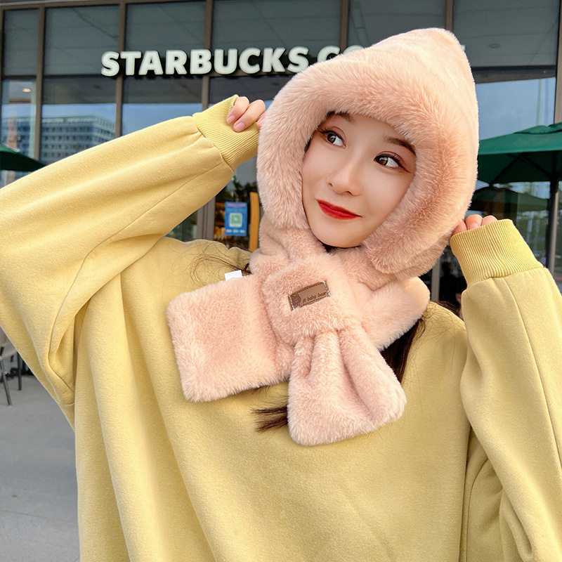 봉제 모자 여성 겨울 한국어 버전 따뜻한 사이클링 두꺼운 모자 스카프 2 피스 세트 토끼 모피 귀 보호 모자 방한 모자