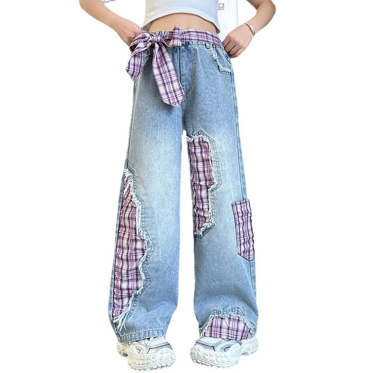 Jeans a gamba larga in denim effetto used per ragazze - Design patchwork vintage, vita elasticizzata comoda, stile streetwear (120 cm, blu)_voghion.com