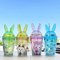 儿童创意塑料吸管杯兔子耳朵夏季可爱兔兔卡通双层塑料杯水杯学生