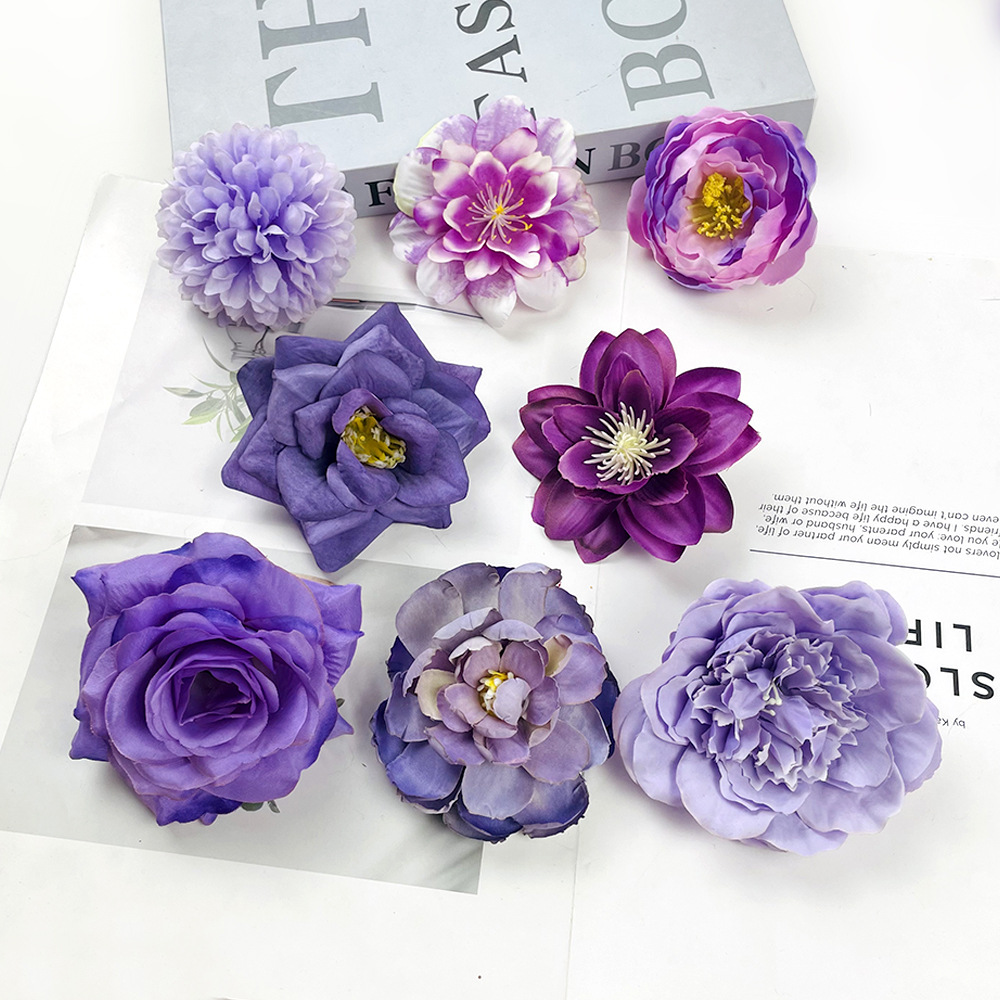 Cabeza de flor artificial púrpura al por mayor bricolaje hecho a mano tela de seda flor falsa horquilla accesorios para la cabeza accesorios decoración de salón de bodas