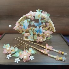 古风汉服饰品超仙少女感琉璃花朵仿珍珠花冠精致山口冠头饰头冠