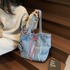 高級感重工かわいい刺繍猫デニムバッグ2025新型ファッションママトートシングルショルダーバッグ女