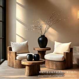中式小茶几三件套老榆木沙发实木单人休闲椅阳台小桌椅榻榻米沙发