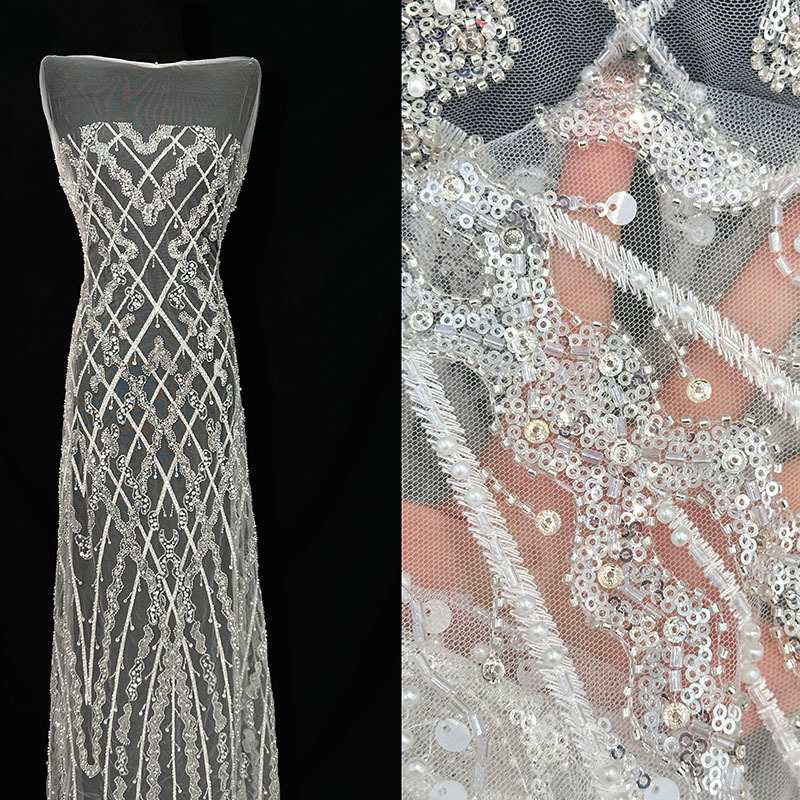 Blanco vestido francés simétrico tela bordada de perlas tela de encaje bordada de perlas tela de malla sequinada tela de boda
