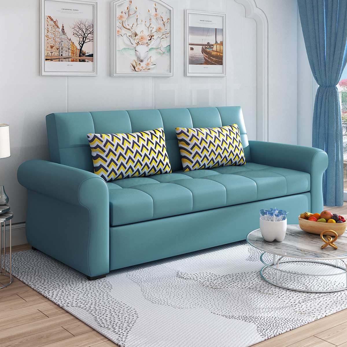 Sofá cama multifuncional verde claro pequeño tipo de casa de látex doble doble triple plegable sofá cama de cuero
