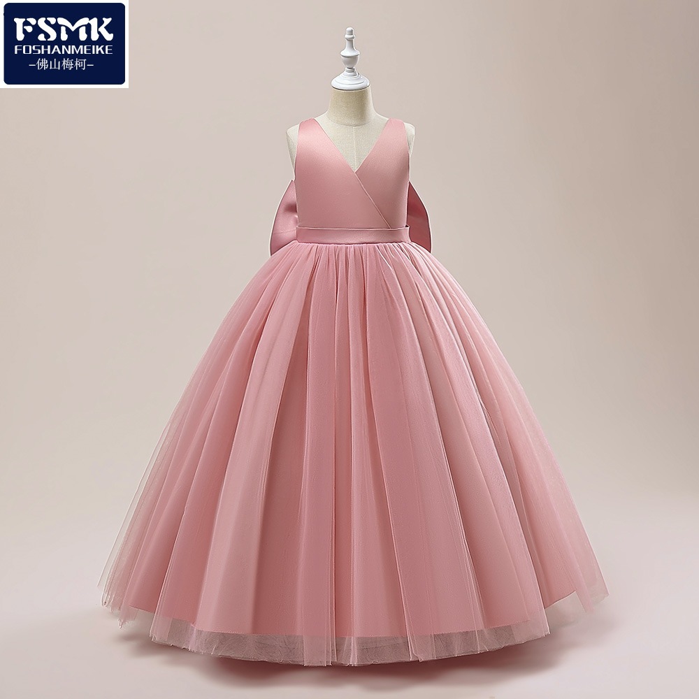 2024 nuevo vestido de novia de los niños europeos y americanos sin mangas de malla de satén vestido de cumpleaños de niña rendimiento vestido mullido