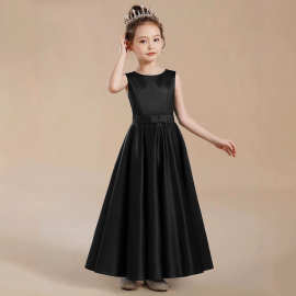 儿童黑色钢琴演出服学生管弦乐团演奏礼服时尚缎面小提琴比赛长裙