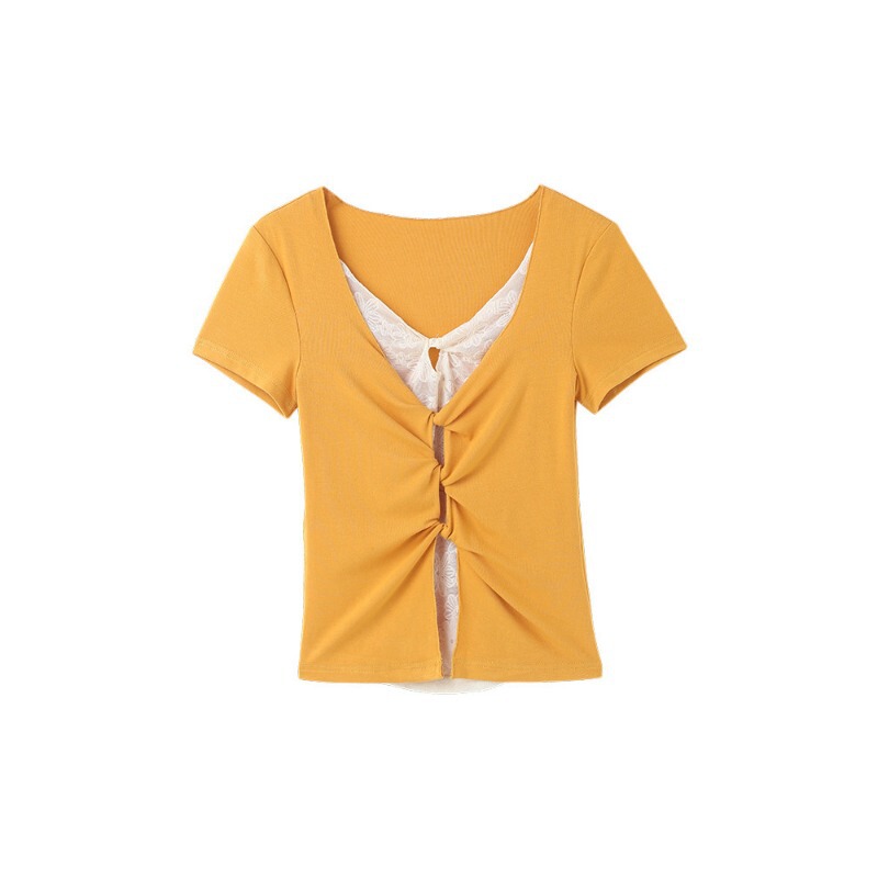 Fashionable and stylish mango yellow faux two-piece lace short-sleeve T-shirt with twisted design, slim fit, and slimming effect for summer Fashionable and stylish mango yellow faux two-piece lace short-sleeve T-shirt with twisted design, slim fit, and slimming effect for summer