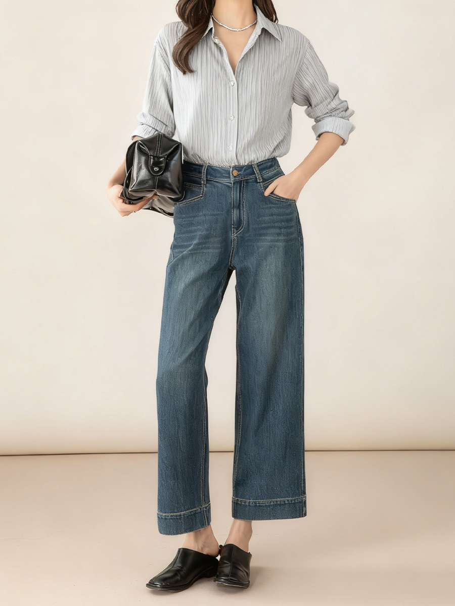 Quần jean nữ ống rộng cạp cao 9 phân, dáng suông slim fit, chất vải chống thấm — màu xanh nhạt