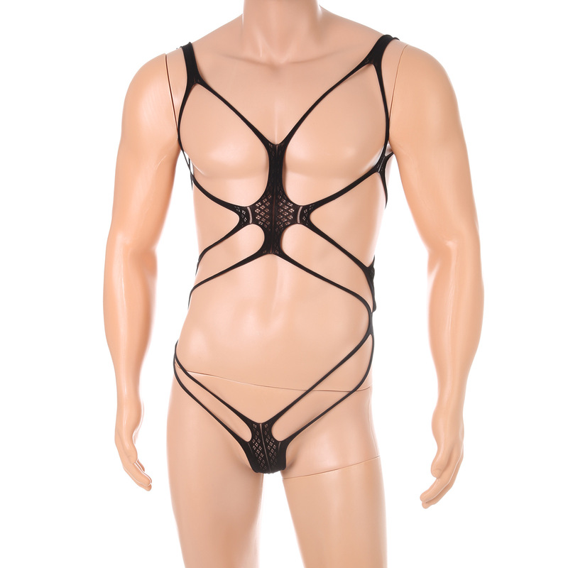 Men's Open Lace Mesh Clothing, Tempting and Sexy Plus Size Sexy Underwear, Transvestite Hollow Bondage Bodysuit