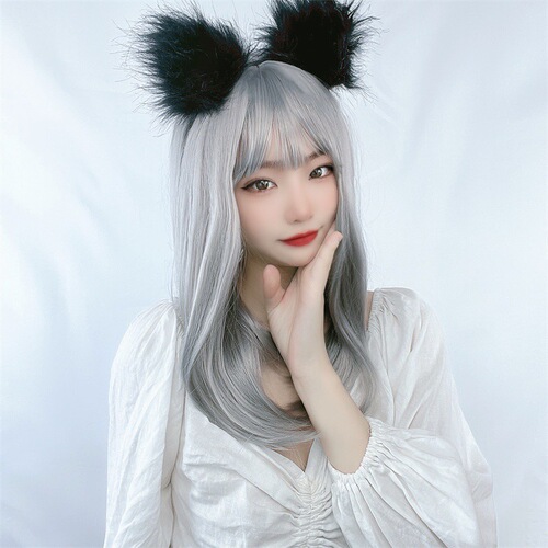 Granny gray wig for women with medium-long hair, air bangs, Lolita long straight hair, fluffy face-shaping, full headgear of synthetic fiber wig