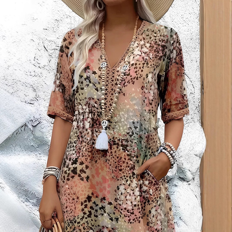 2025 European and American Fashion Cross-Border New Casual Vacation Pocketed Long Dress with Lace Trim V-Neck Short-Sleeve Dress for Women