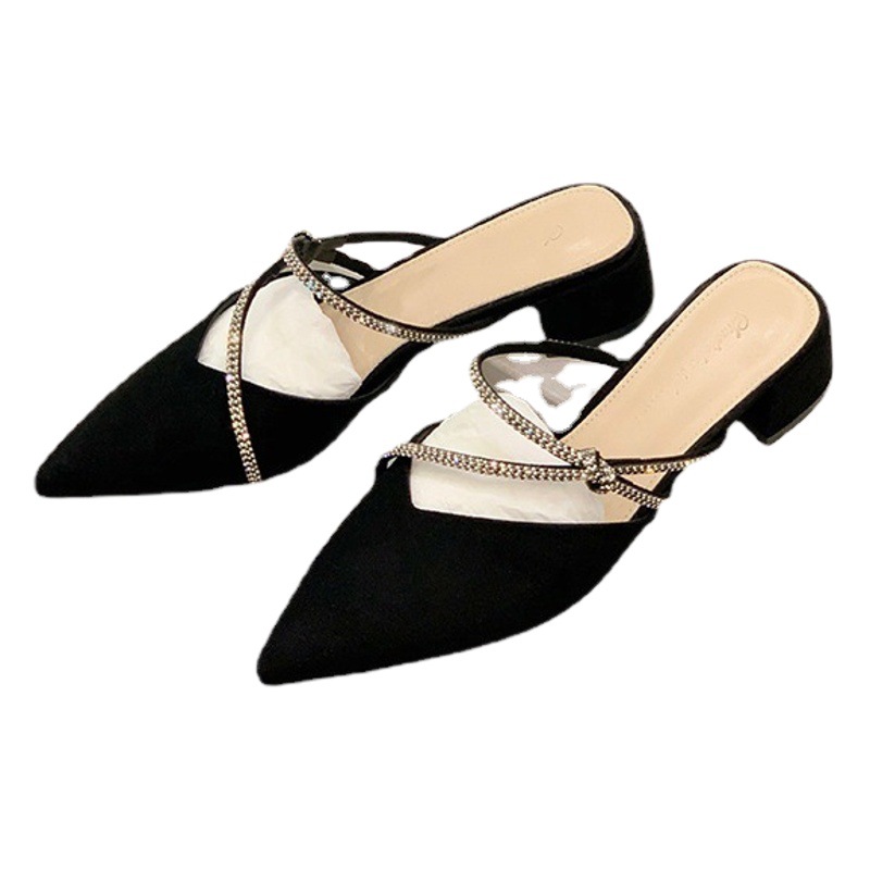 Uva mamá nuevo estilo francés elegante sandalias puntiagudas correa de diamante slip-on tacón grueso media zapatillas mujer Muller sandalias al aire libre