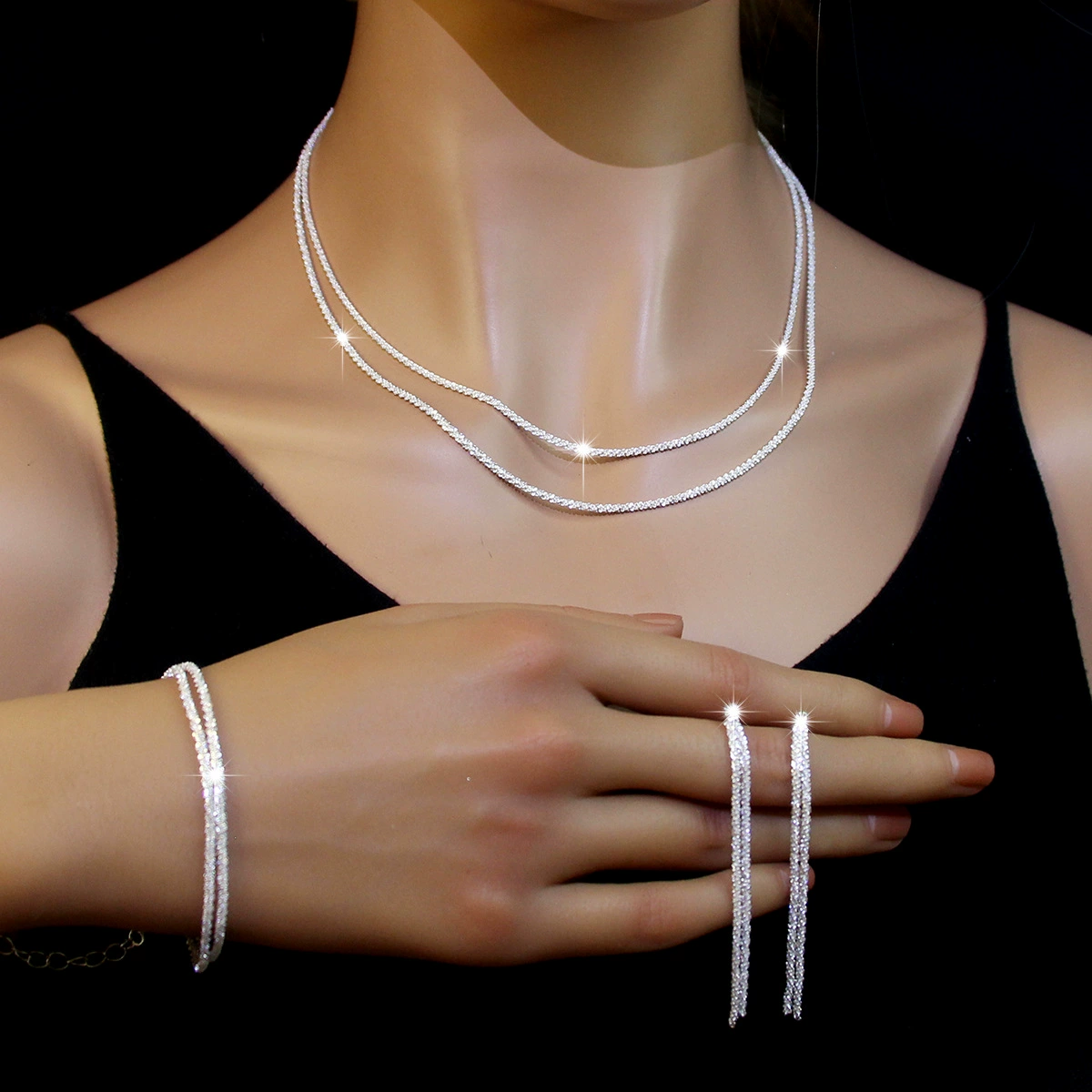 Европейские и американские трансграничные простые сверкающие серьги-колье, браслет, комплект легкой роскоши, ниша, цепочка на ключицу, простая цепочка