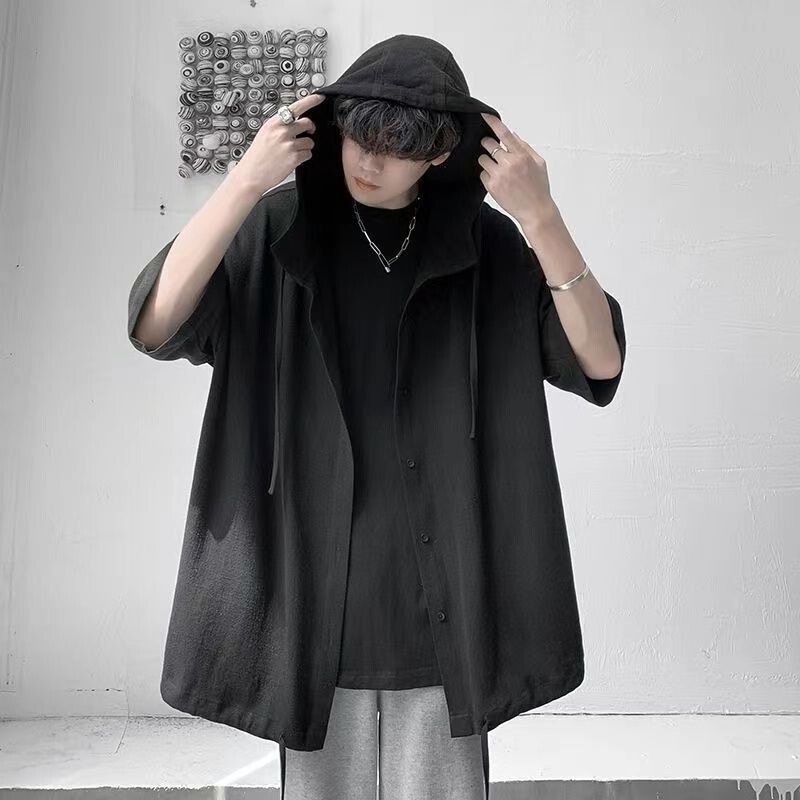 plus size Sunscreen Lazy Style Japanese Retro Shirt Men's and Women's Short-sleeved Hooded Summer Thin 300 Jin Shuai ins Shirt