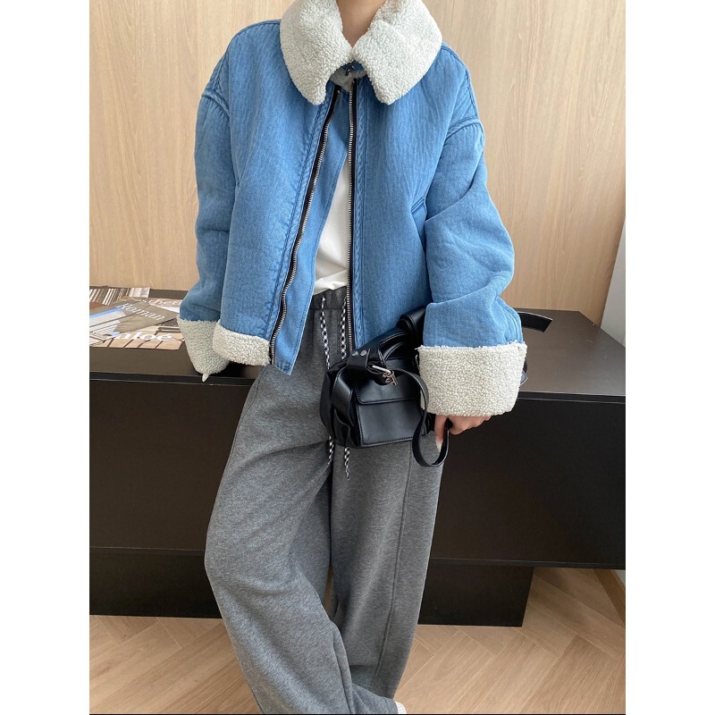 Sinan Street Style Warm Coat High-End Faux Shearling Fur One-Piece Large Lapel Denim Jacket Sn8222 Sinan Street Style Warm Coat High-End Faux Shearling Fur One-Piece Large Lapel Denim Jacket Sn8222