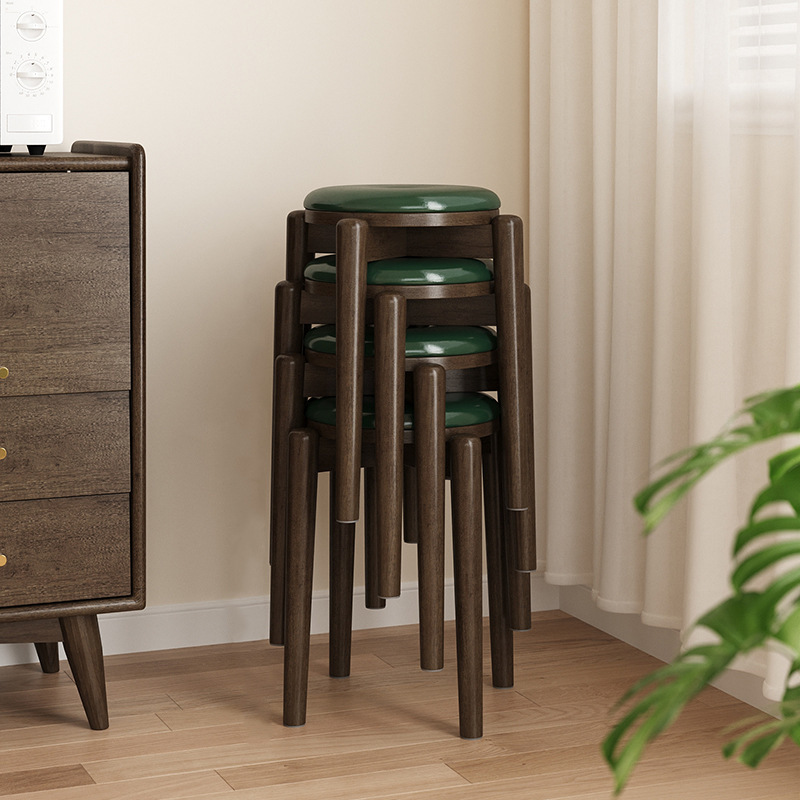 Solid Wood Stool Soft-Packed Round Stool Household Stackable Modern Simple Small Bench Living Room Dining Table Stool Wooden Dining Chair