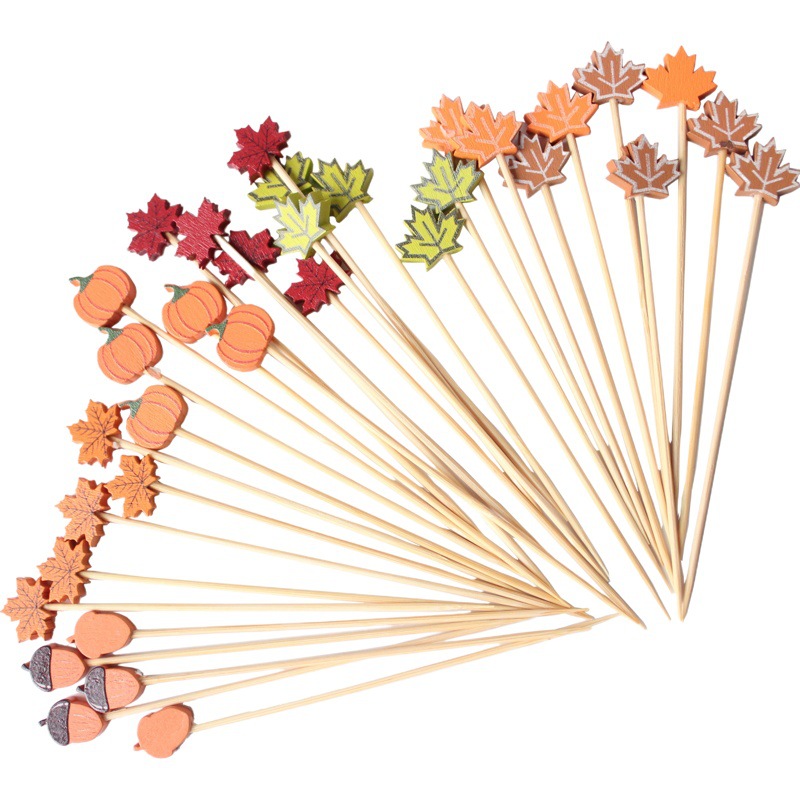 Palillos de frutas, 100 unidades/paquete, palillos de cóctel con forma de hoja de pino y calabaza, palillos desechables de bambú con forma de hoja de arce, venta al por mayor en Amazon