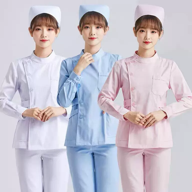 蓝色娃娃领护士服女款长袖分体套装短款两件套牙科口腔工作服厚款