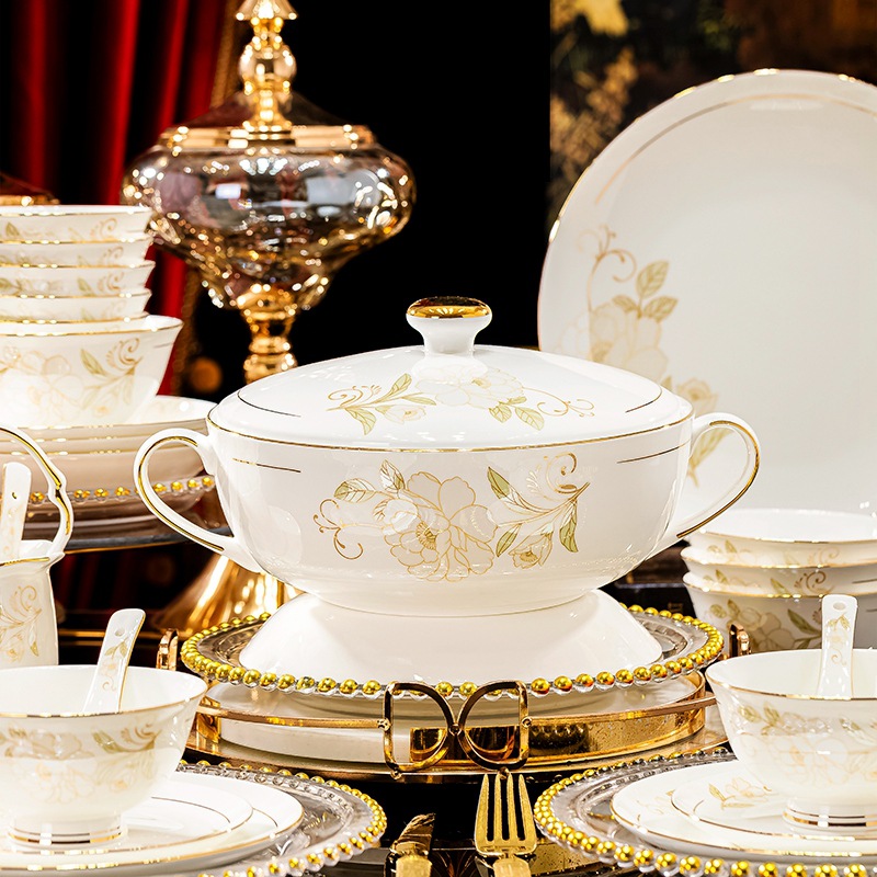 Vajilla de porcelana de hueso Jingdezhen Juego de vajilla de fénix de lujo ligero Regalos para el hogar Platos de cerámica Combinación de platos Tazón de sopa de fideos