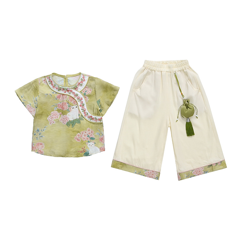 Hanfu niñas traje de estilo chino verano 2025 nuevos pantalones anchos para niños de dos piezas nuevo ropa china para bebés