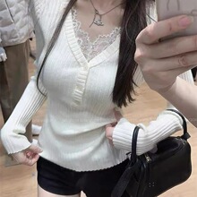 秋冬V领纯欲风韩系蕾丝花边拼接纯欲风打底毛衣女坑条针织衫上衣
