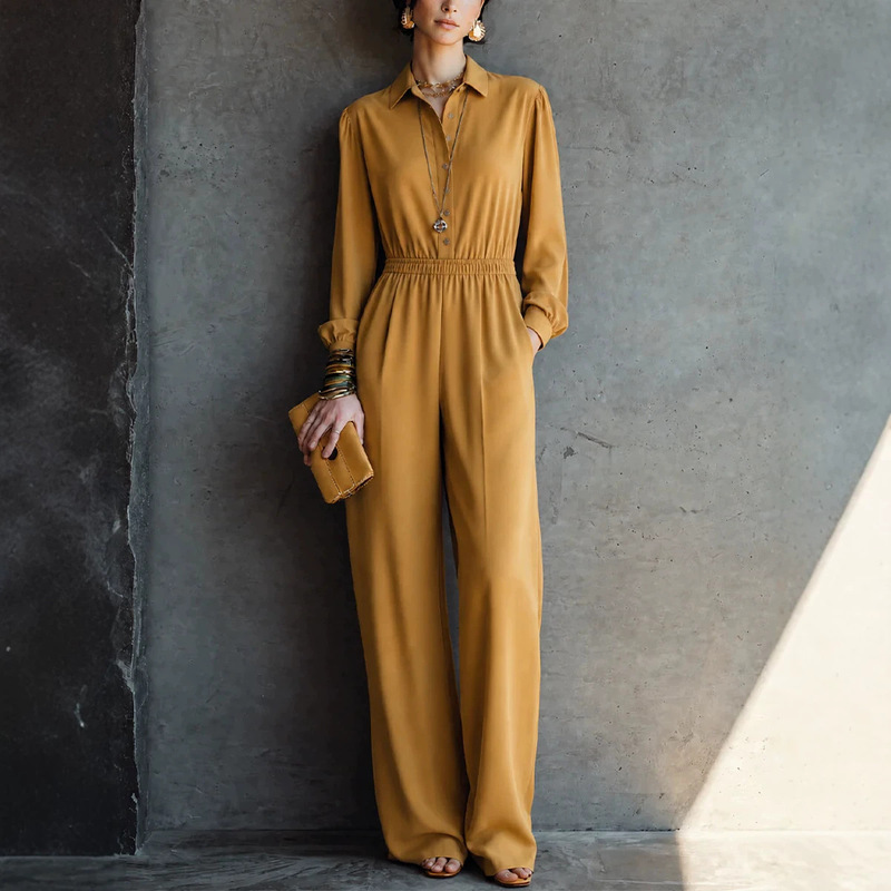 New autumn and winter women's casual shirt-collar buttoned long-sleeve waist-cinching jumpsuit, elegant, stylish, with a high-quality drape New autumn and winter women's casual shirt-collar buttoned long-sleeve waist-cinching jumpsuit, elegant, stylish, with a high-quality drape