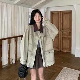 巴恩风撞色翻领工装牛仔外套女2025春秋新款宽松休闲气质显瘦上衣