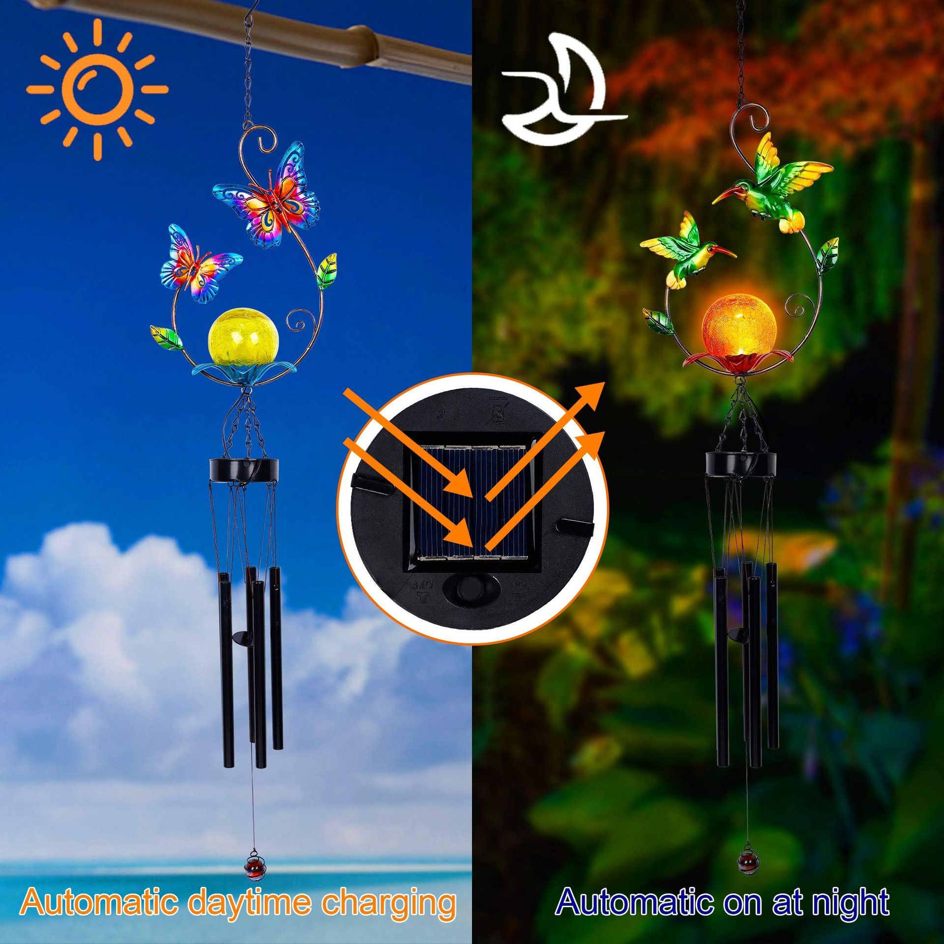 LED太阳能户外庭院装饰灯 别墅创意风铃灯 金属管蝴蝶蜂鸟铃铛灯