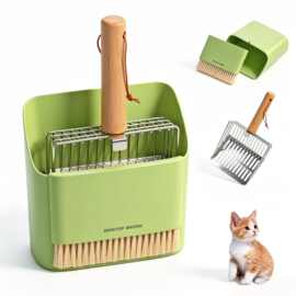 猫砂铲带套架重型不锈钢猫砂铲粗细网含扫帚和簸箕套装筛网易清洁