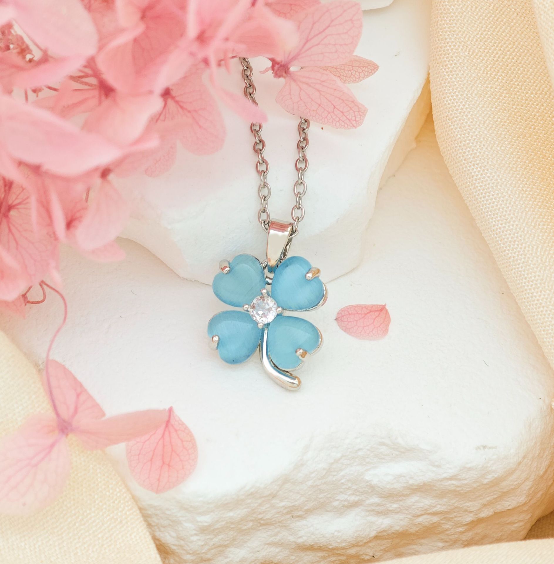 XL293 블루 캣아이 네잎 클로버 목걸이 실버