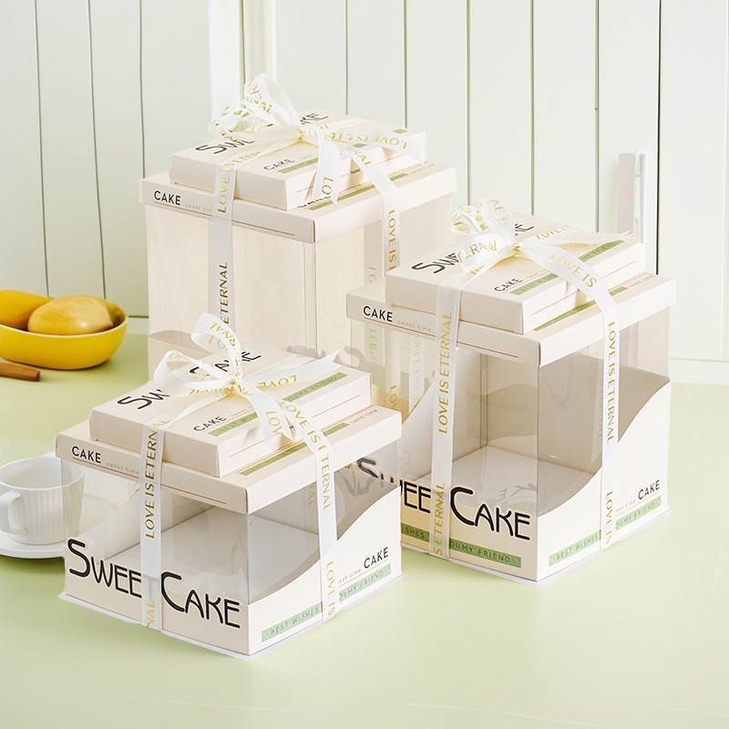 Caja de pastel de cumpleaños Caja de pastel totalmente transparente Nueva caja de embalaje de pastel con sello de cintura 6 6 8 8 10 10 12 pulgadas simple y doble