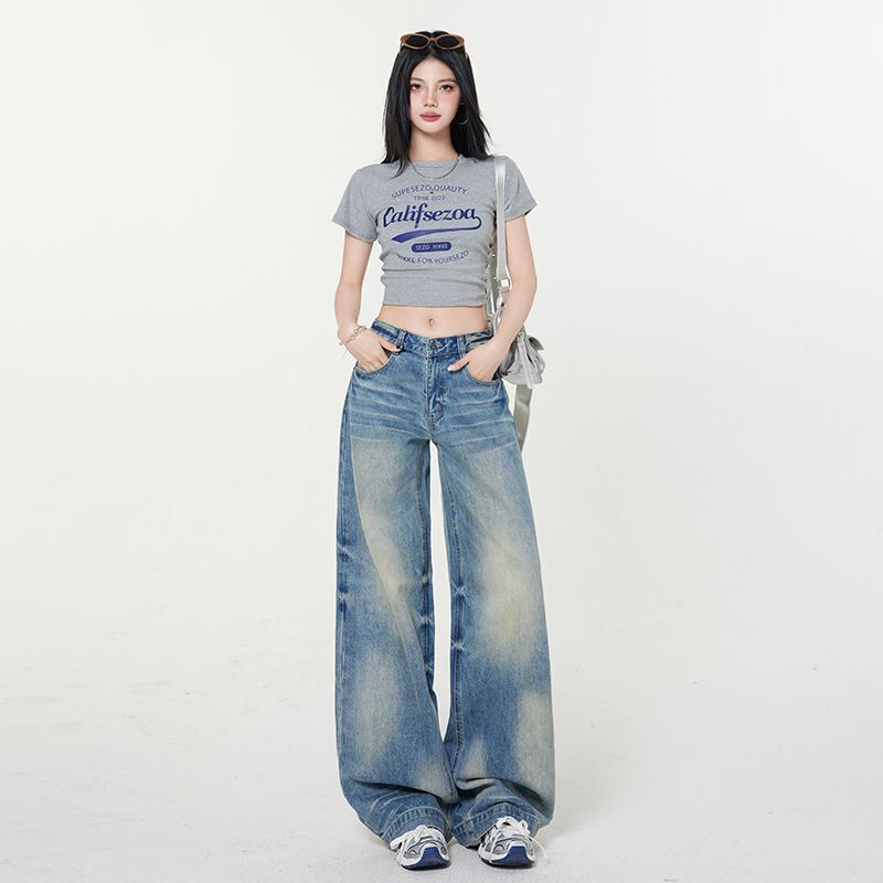 2025 Spring and Summer New Heavy Craftsmanship Washed American Nostalgic Yellow Straight Wide Leg Pants Jeans for Women Jeans