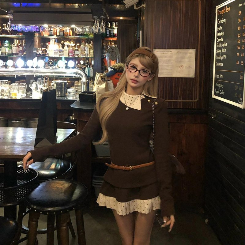 Korean Style Gentle Style Brown Polka Dot Lapel Long-Sleeved T-Shirt Autumn and Winter Hip-Hugging Short Skirt Fashionable Sexy Two-Piece Set