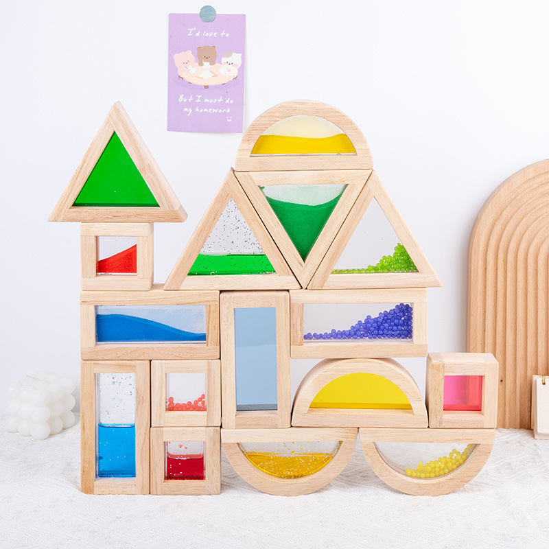 Solid Wood Children's Wooden Acrylic Rainbow Building Blocks Sensory Visual Liquid Construction Toy Transparent Light-Transmitting