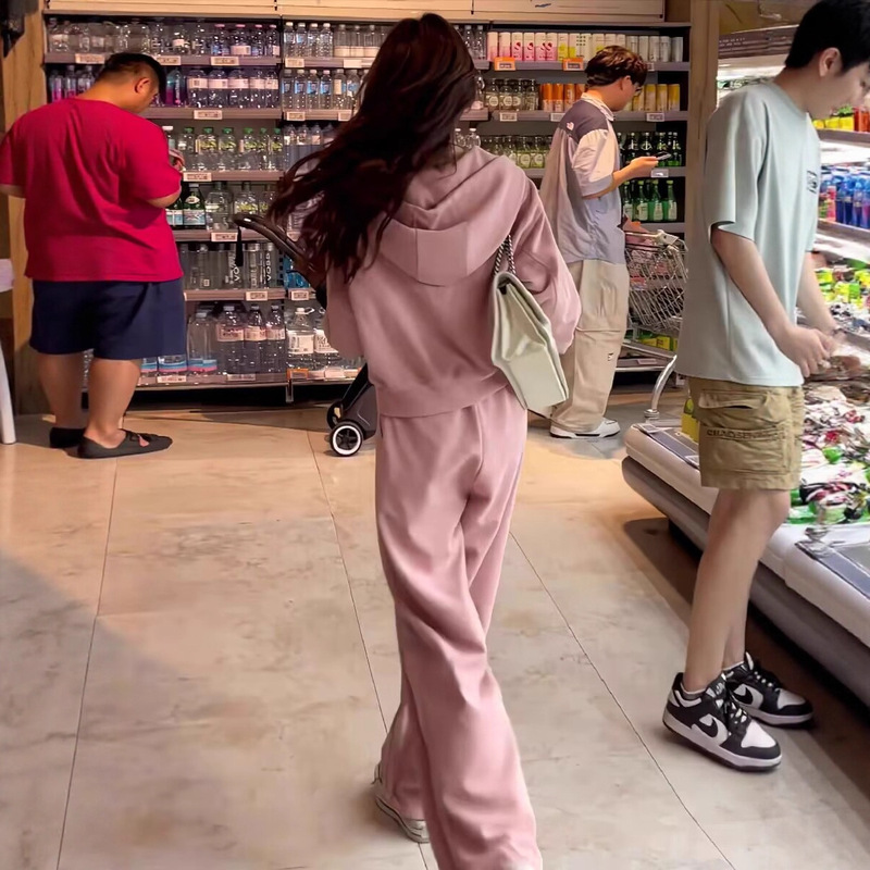 2025新款粉色韩风chic秋季套装女装显瘦宽松连帽时尚运动休闲服|undefined