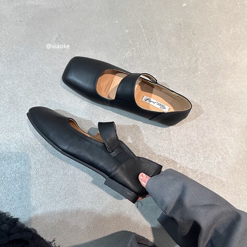 Zapatos individuales Mary Jane retro francés de cabeza cuadrada, suave de una palabra con temperamento plano, brisa nocturna, zapatos de cuero de primavera y otoño, zapatos de noche