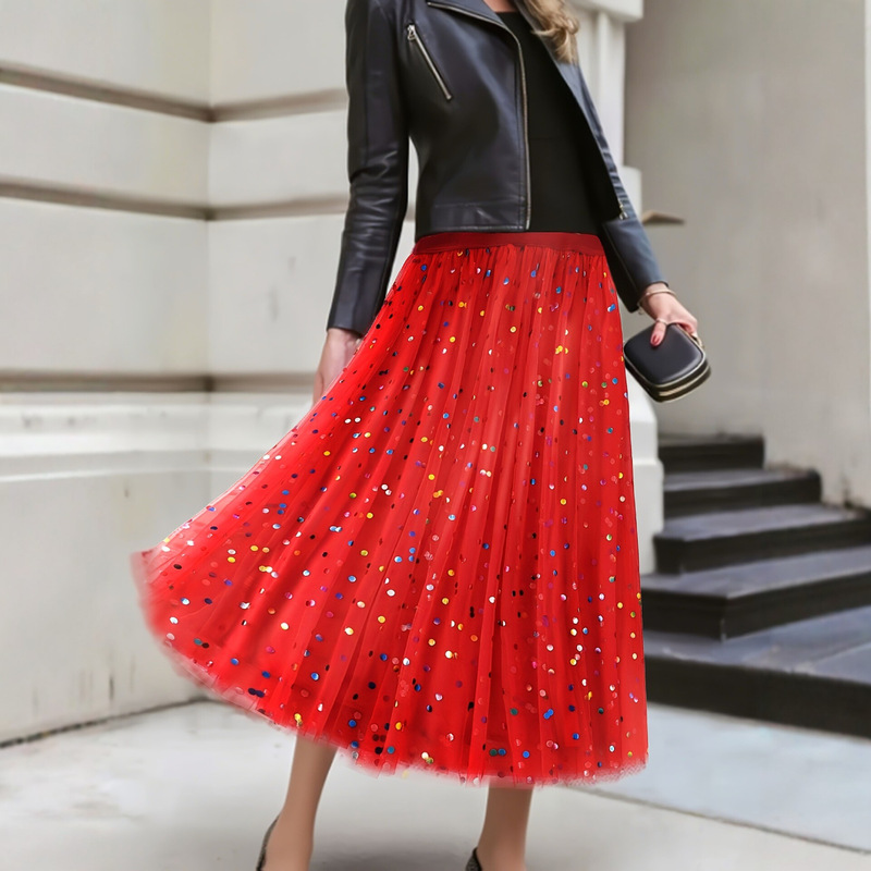Elegant Colorful Polka Dot Tulle Midi Skirt Women's Clothing Elegant Colorful Polka Dot Tulle Midi Skirt Women's Clothing