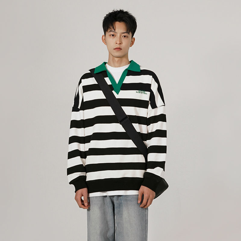 [Clearance] Striped Lapel Sweat Men's Spring and Autumn American Style Retro Design Sense Loose Cotton Long Sleeve Top