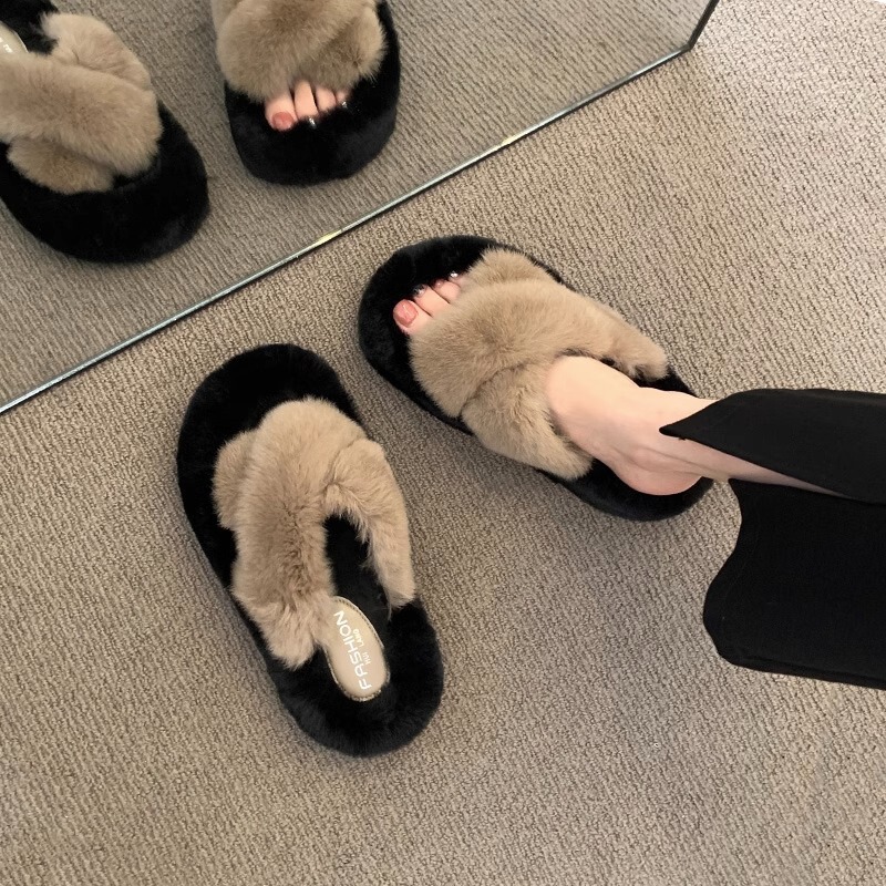 Thick-soled fluffy slippers women's imitation rabbit fur outer wear 2025 new spring and autumn fashion plush shoes out of cotton slippers