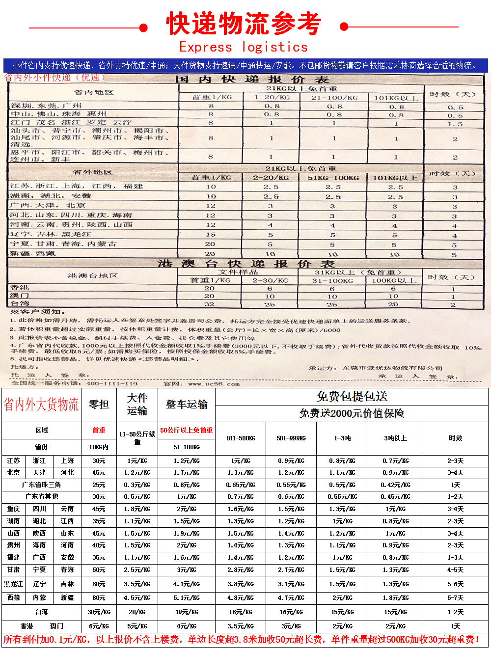 20快递物流计价参考
