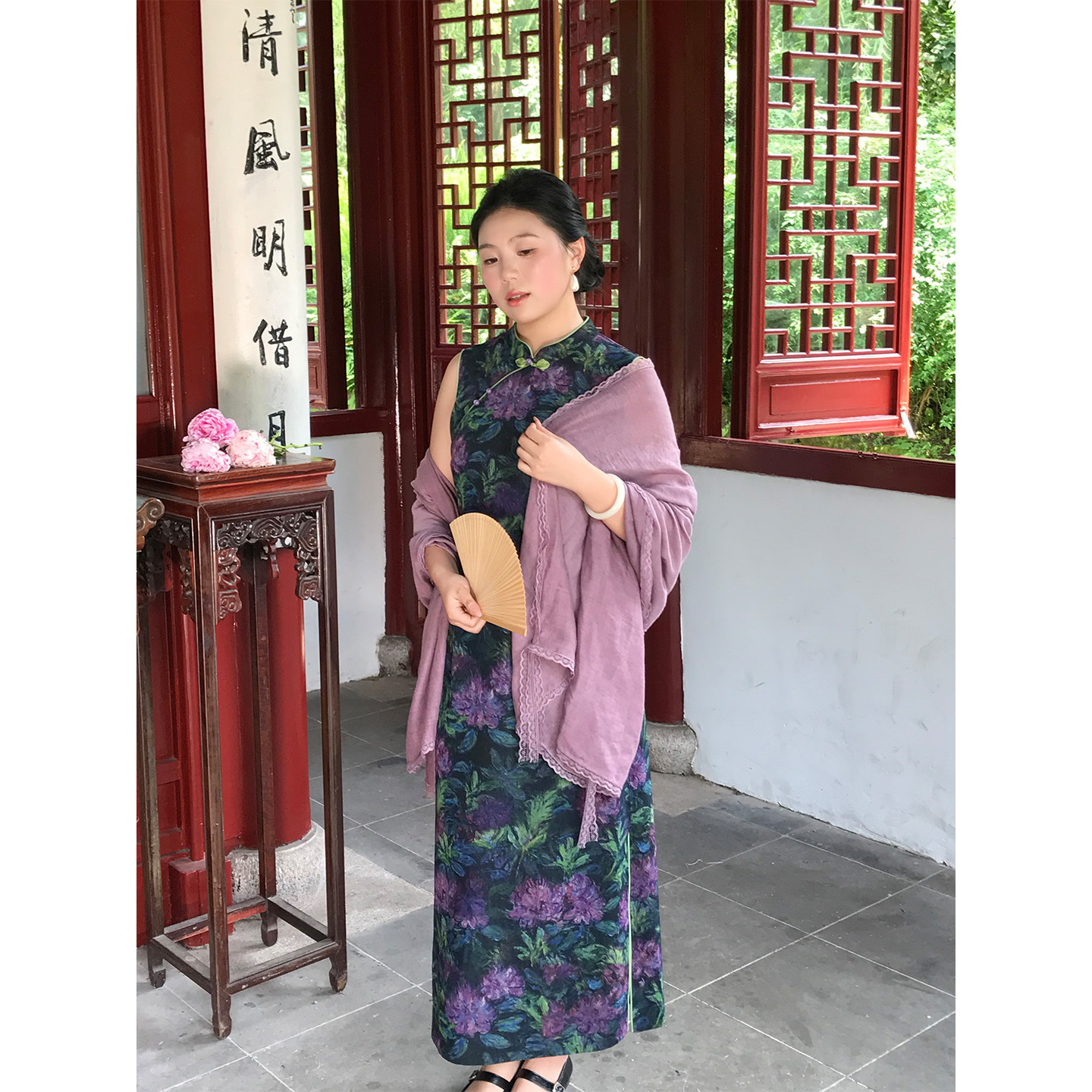 62457国风新中式花色短袖印花裙2026女夏季新款修身显瘦大码旗袍