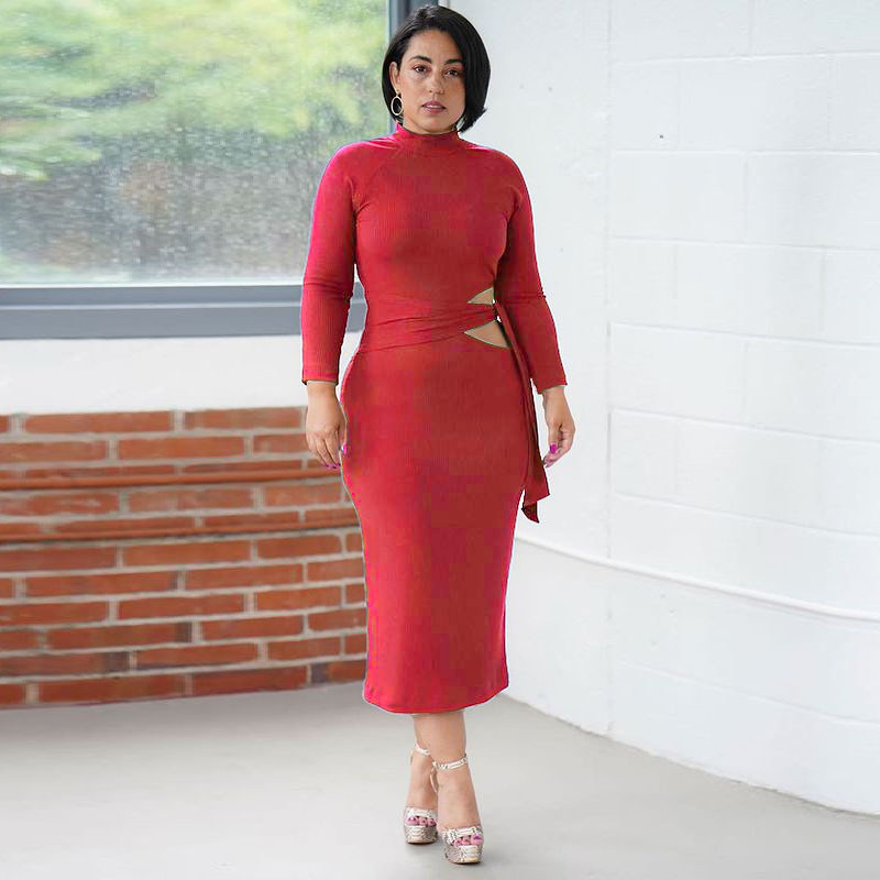 Solid Color Long Sleeve High Waist Hollow Tight-Fitting Mid-Length Dress