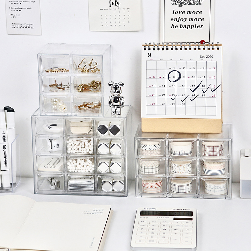 恵司デスクトップ九宮12宮16宮格透明引き出し式分格収納箱数珠アクセサリー整理箱