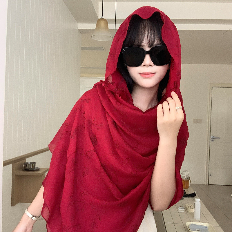 Bufanda de seda bordada, ambiente coreano, color sólido, todo fósforo, pañuelo en la cabeza, bufanda de cuello multiusos, hebilla de placa de protección solar, chal exterior