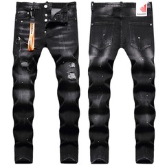 欧米のファッションブランドdsq2ファッション黒灰色の弾力性ペンキ点装飾ファスナーのひもが穴を割ったパッチジーンズ男