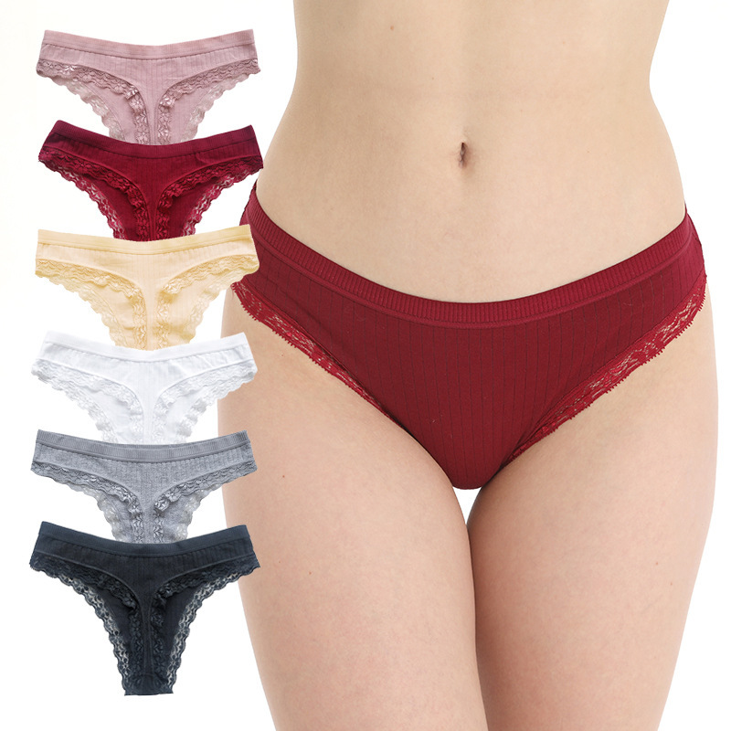 Foreign Trade Cross-Border Sexy Thong Panties for Women, Lace Trim, European and American Style, Pure Cotton Underwear Wholesale, Breathable Women's Thong Panties