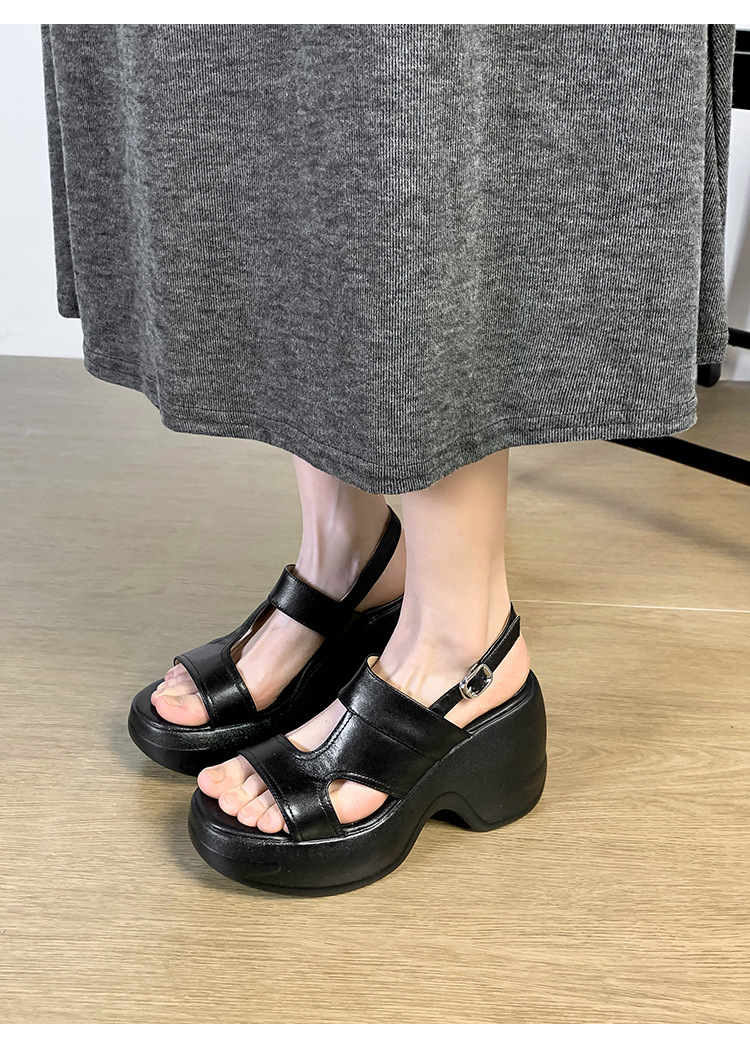 Sandal cao gót nữ hở mũi đế xuồng phong cách La Mã — màu đen, màu trắng ngà chi tiết 9