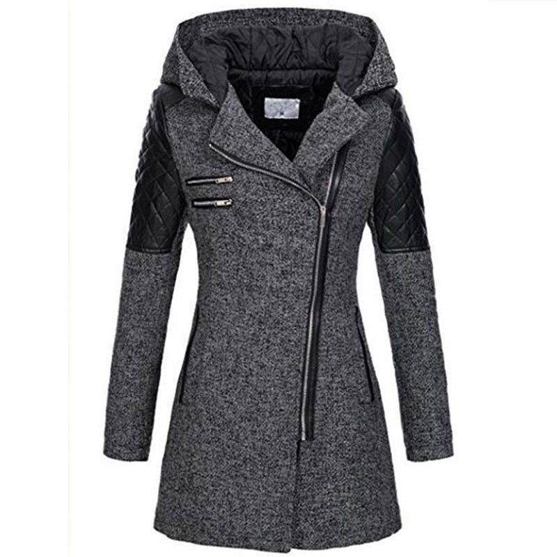 Dammemantel mat diagonaler Reißverschluss, Kapuzen a Kotteng gepolsterter Hautpois, laanger, décker, waarmer Windjacke fir Fraen._voghion.com