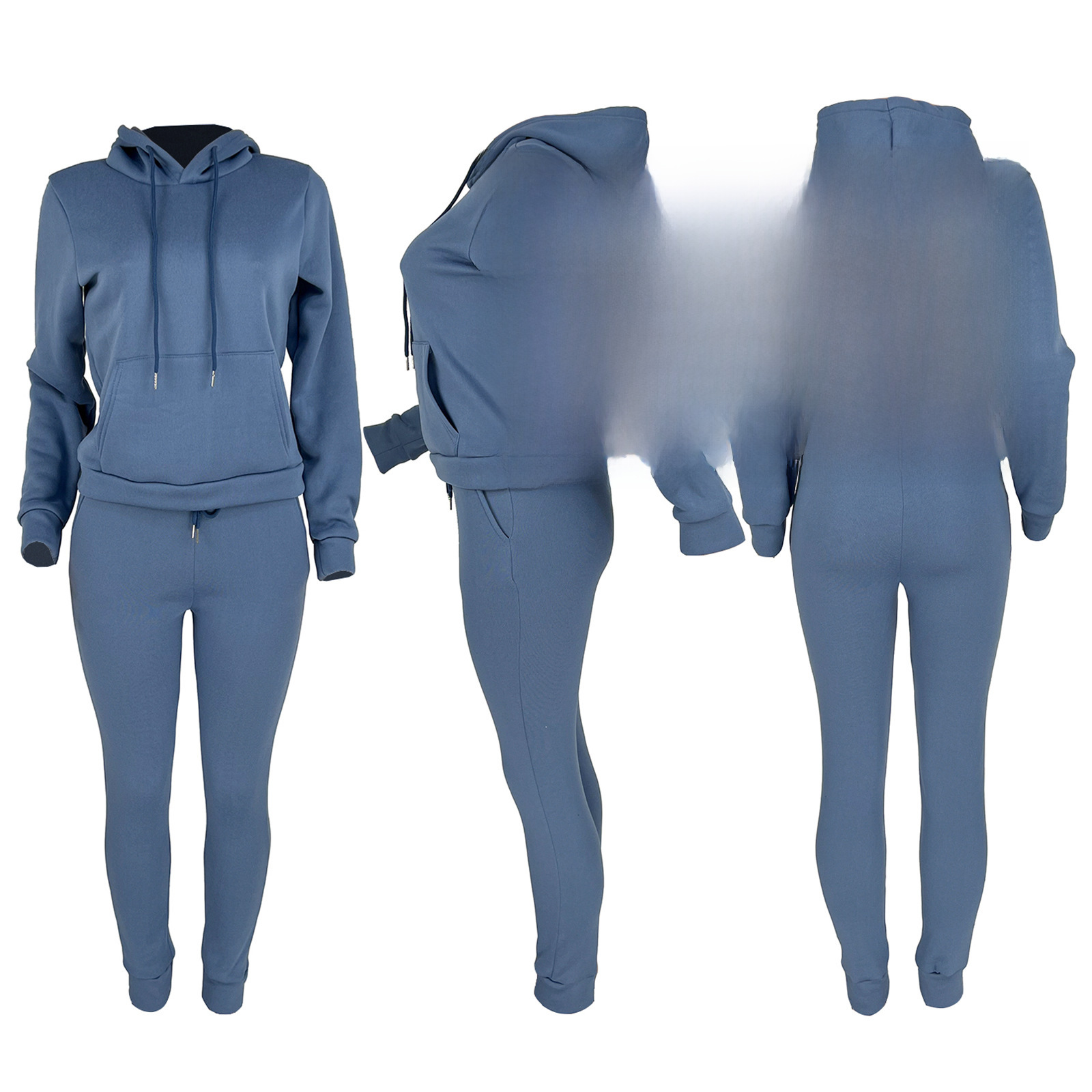 HR8197 European and American women's clothing  independent station supply autumn and winter plus velvet drawstring hooded two-piece set_voghion.com